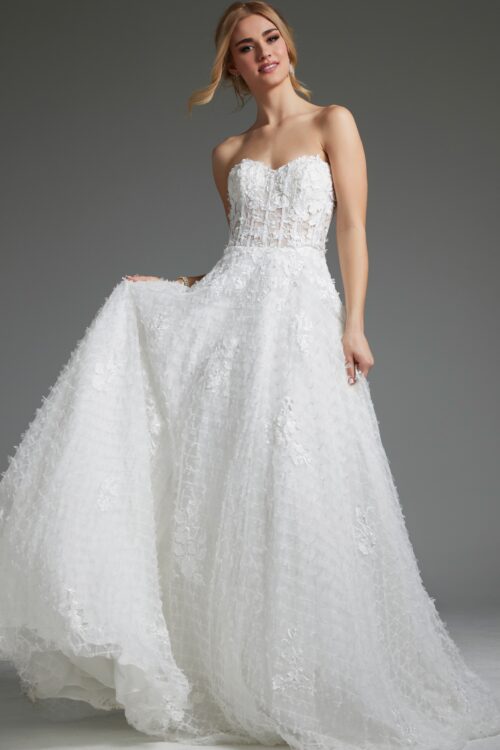 Model wearing Off White A Line Embellished Wedding Gown JB07165