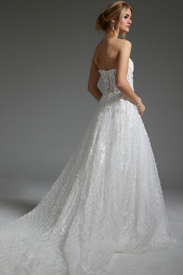 Model wearing Off White A Line Embellished Wedding Gown JB07165