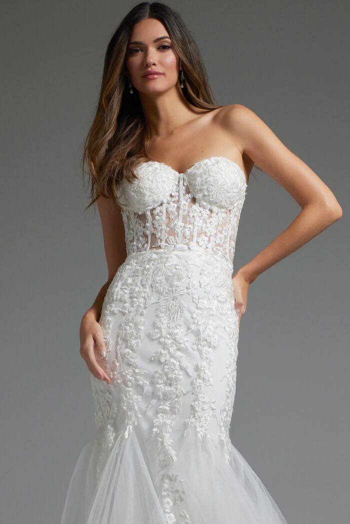 Model wearing Off White Embellished Mermaid Bridal Dress JB07260