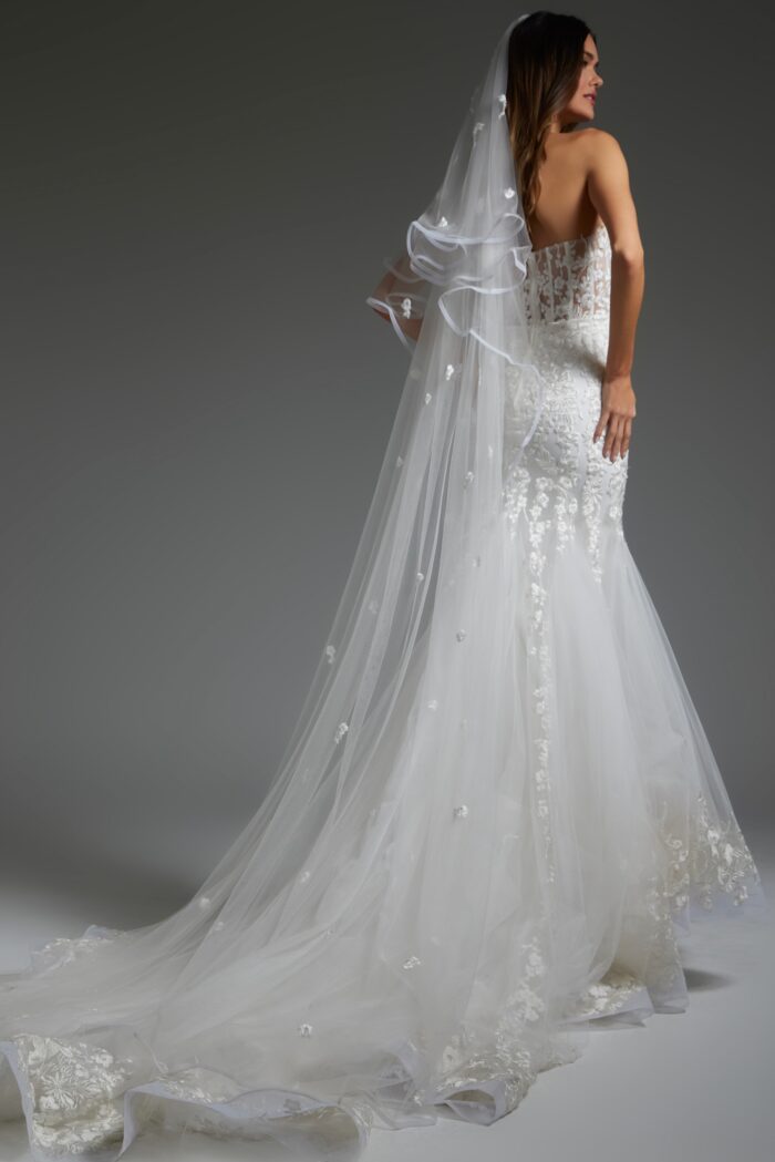 Model wearing Off White Embellished Mermaid Bridal Dress JB07260