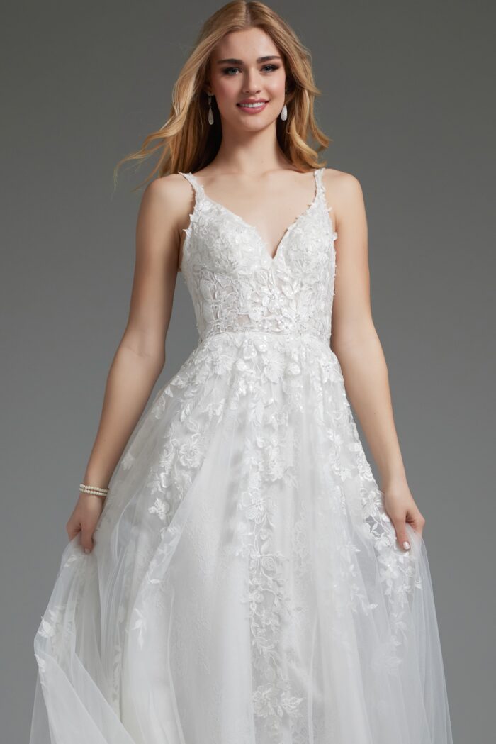 Model wearing Ivory Floral Appliques V Neck Bridal Dress JB07311
