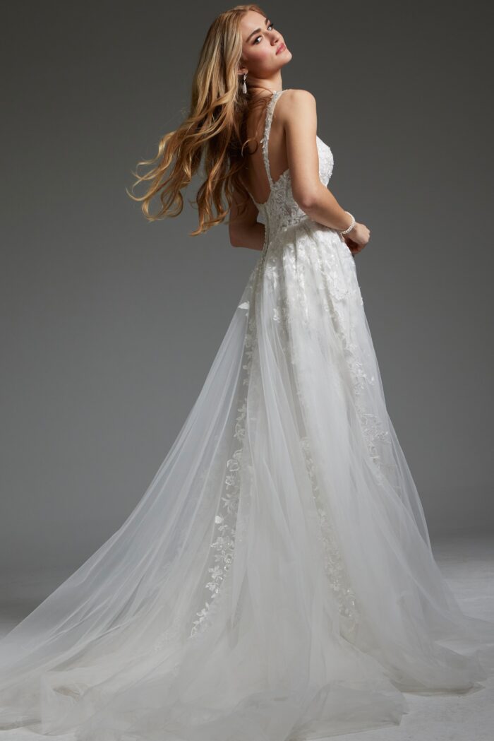 Model wearing Ivory Floral Appliques V Neck Bridal Dress JB07311