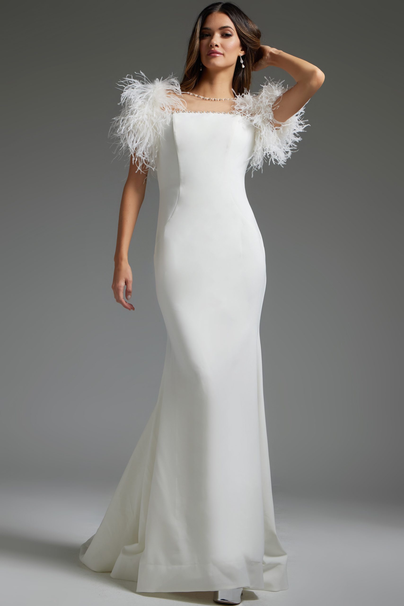White Form Fitting Feather Sleeves Wedding Gown JB07433