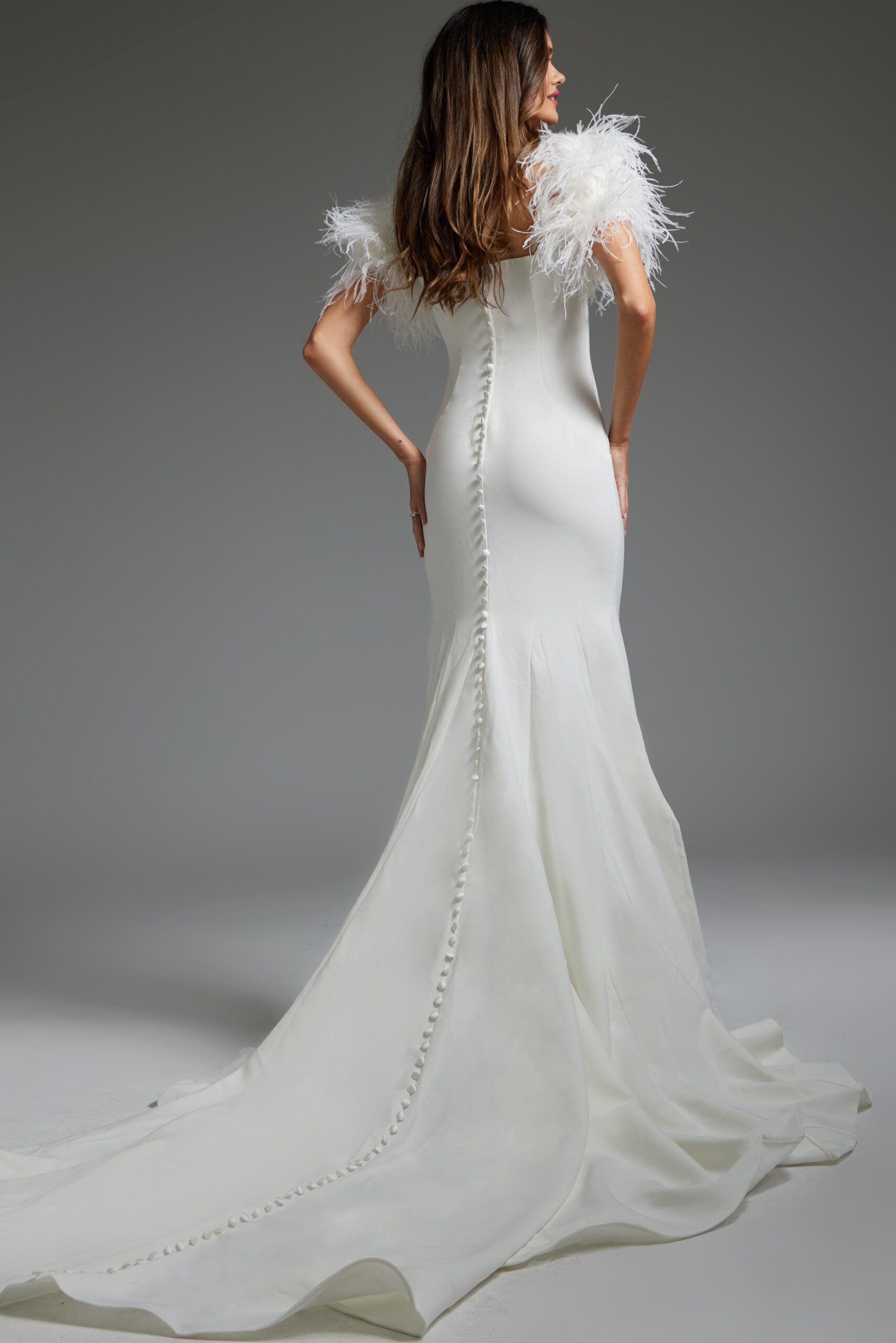 White Form Fitting Feather Sleeves Wedding Gown JB07433