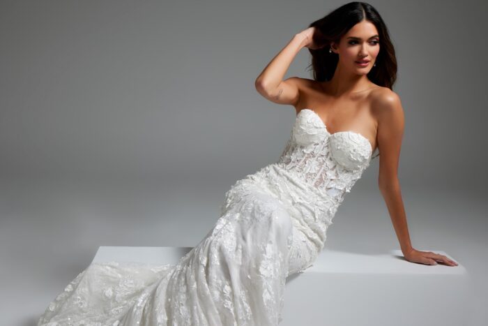Model wearing Off White Sheer Corset Bodice Bridal Dress JB07583
