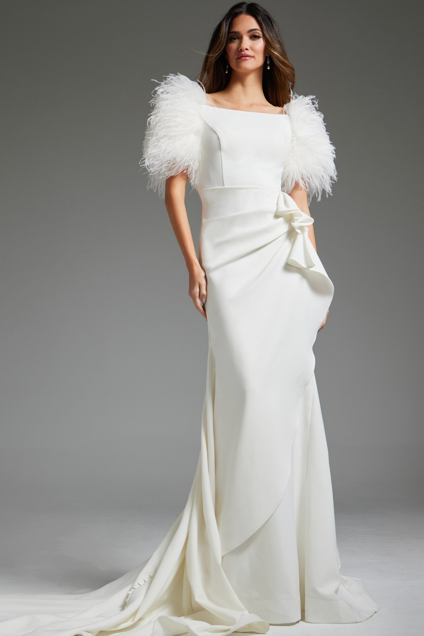 Off White Feather Short Sleeve Bridal Gown JB09153