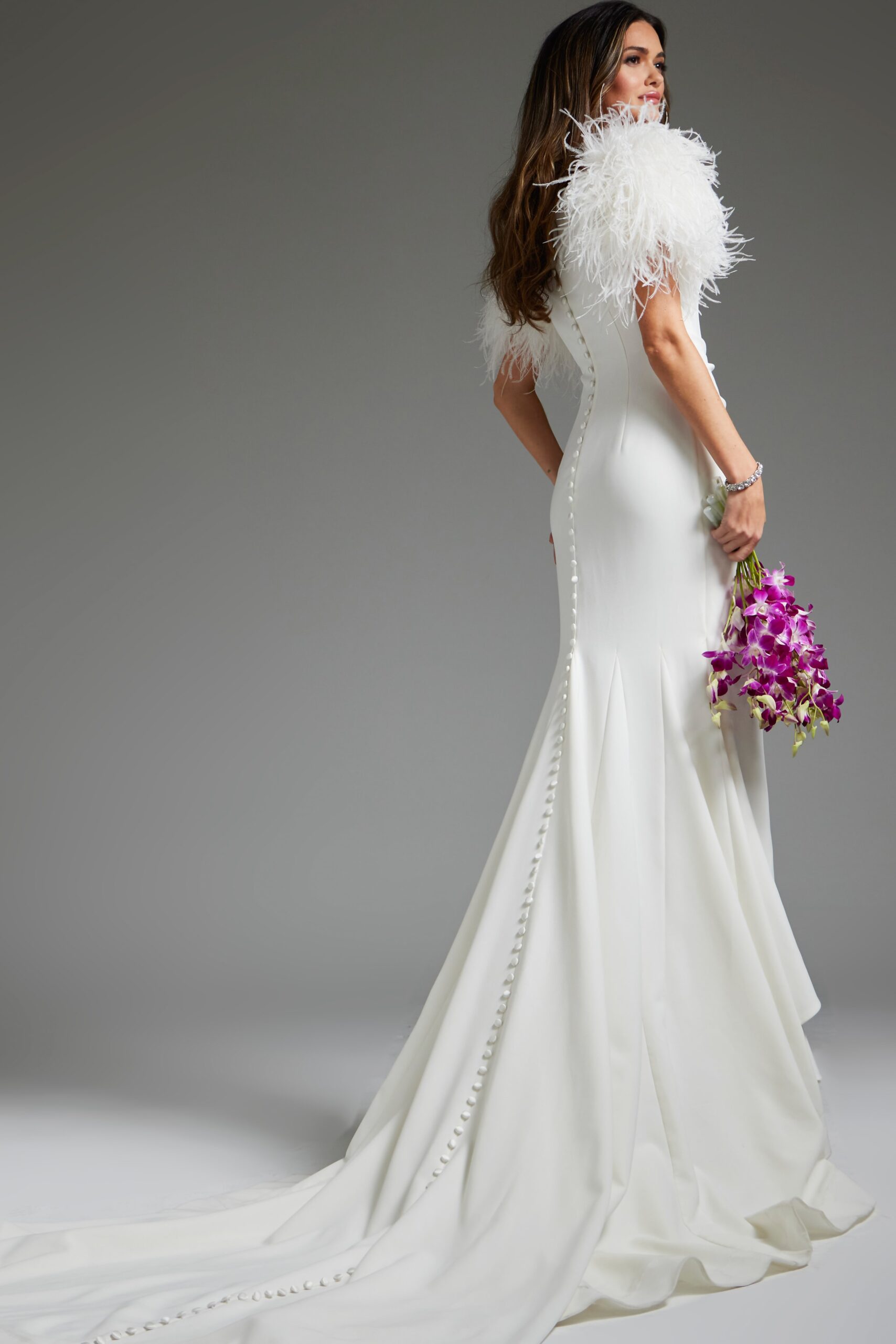 Off White Feather Short Sleeve Bridal Gown JB09153