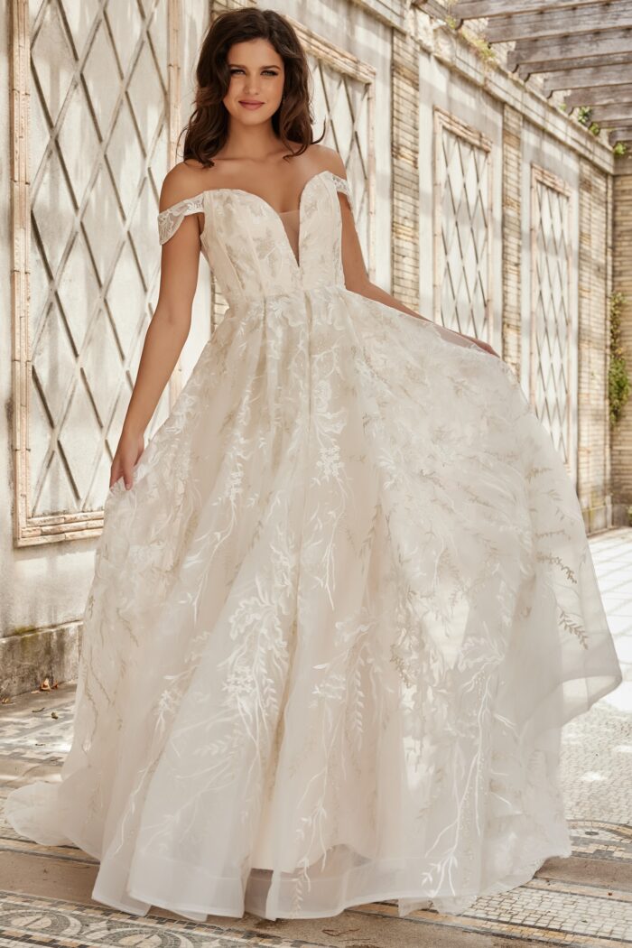 Model wearing Ivory off the Shoulder Wedding Dress JB220001