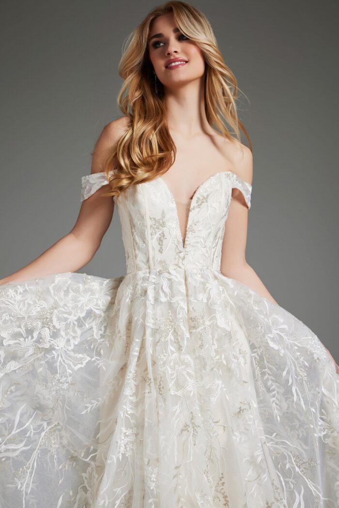 Model wearing Ivory off the Shoulder Wedding Dress JB220001