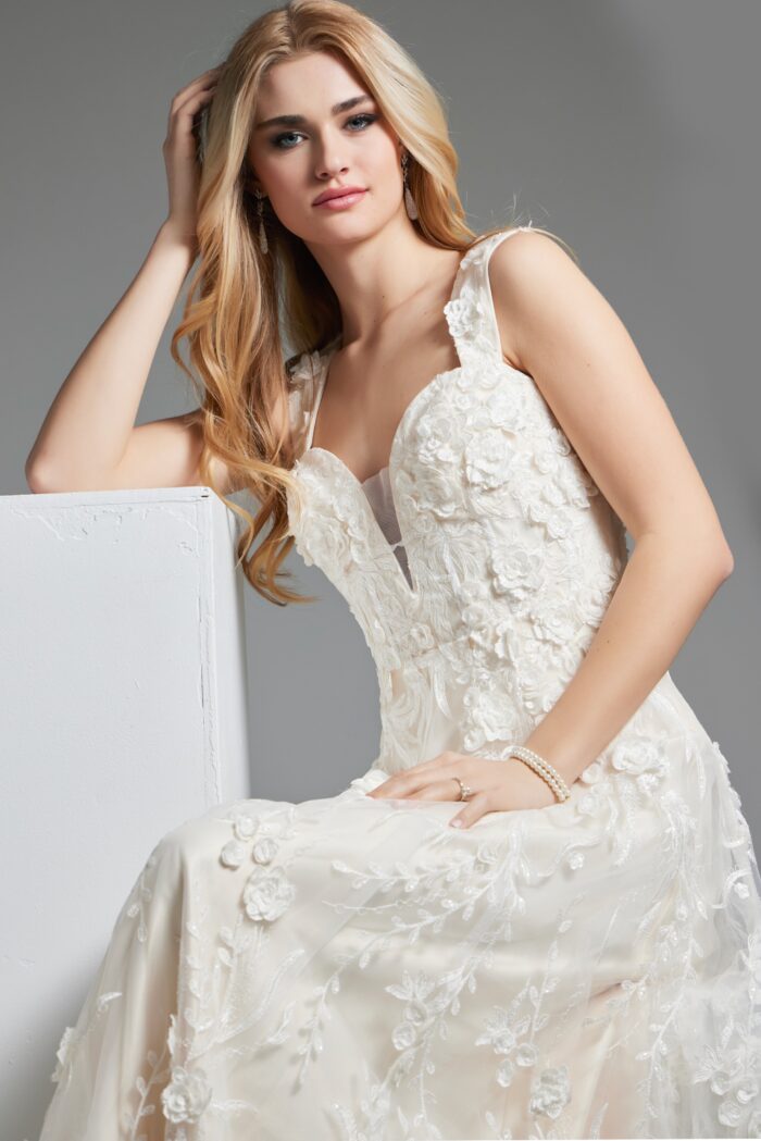 Model wearing Ivory V Neckline Off the Shoulder Dress JB220002