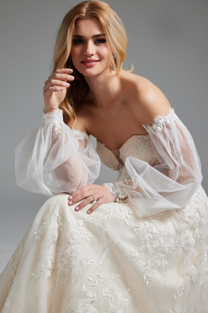 Model wearing Ivory Corset Bodice Bridal Gown with Removable Sleeves JB220004