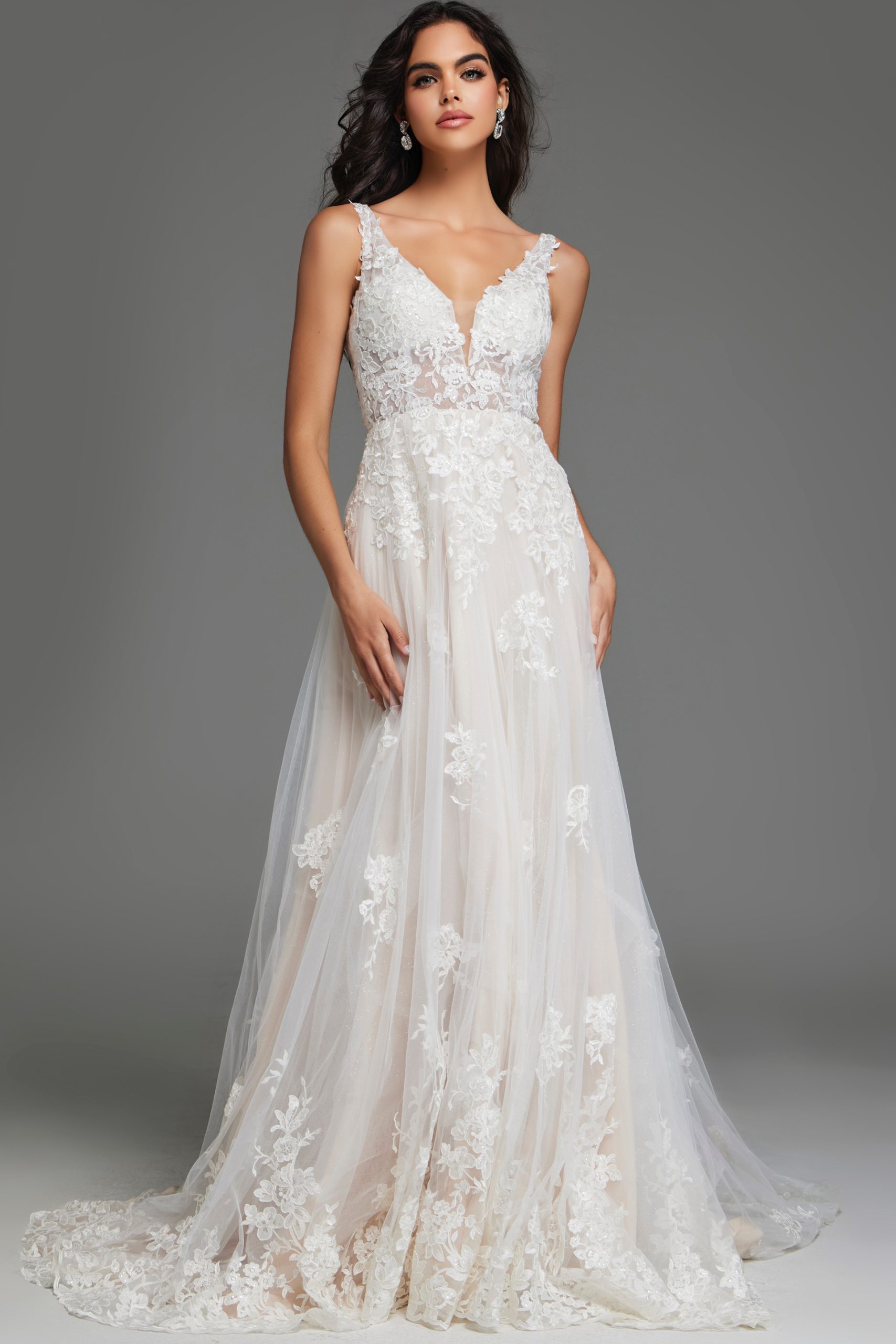 Floral Lace A-Line Bridal Gown with Plunging V Neck and Train JB220005