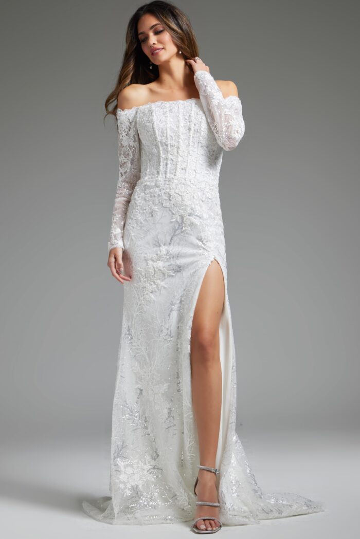 Model wearing Off White Long Sleeve Off the Shoulder Bidal Dress JB23106