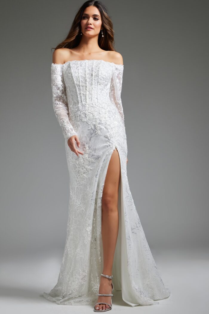 Model wearing Off White Long Sleeve Off the Shoulder Bidal Dress JB23106