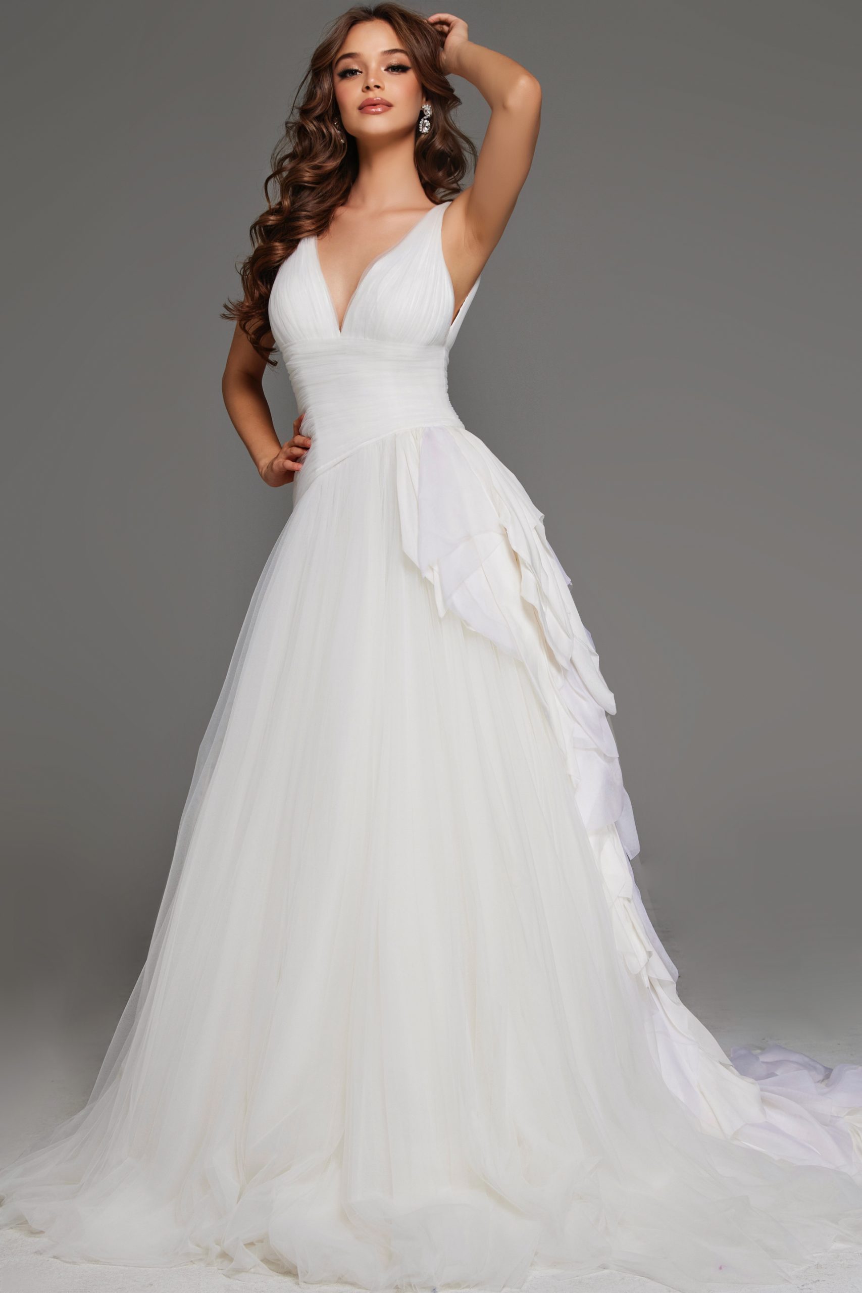 Elegant V-neck tulle wedding dress with cascading ruffles back view