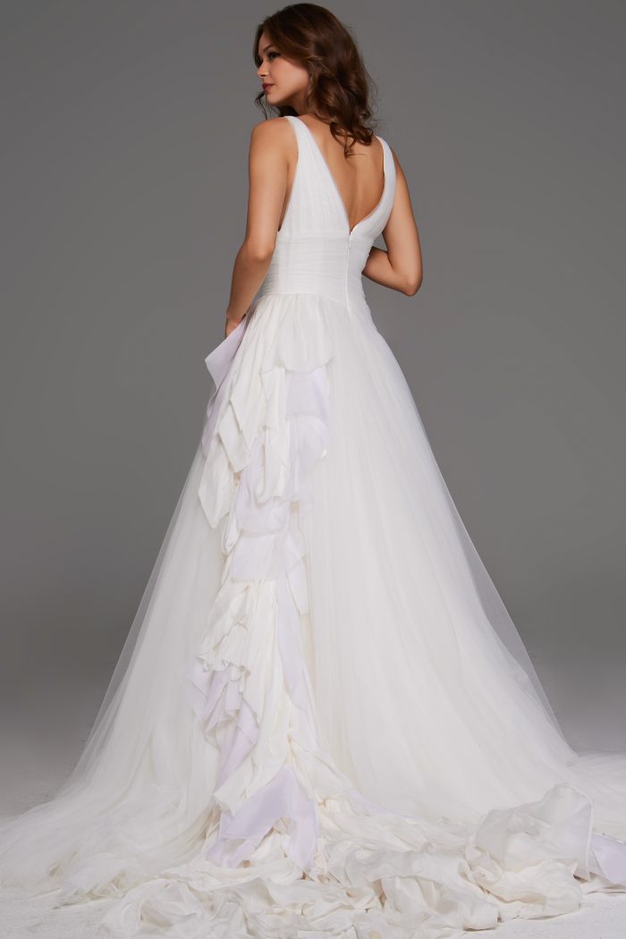 Elegant V-neck tulle wedding dress with cascading ruffles back view