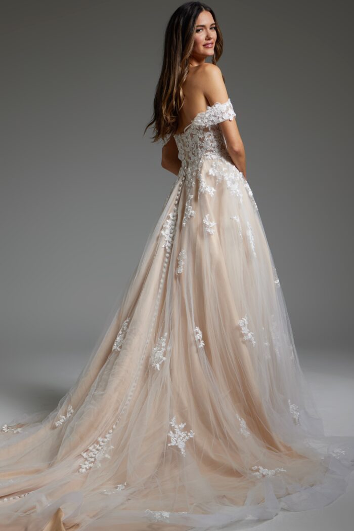 Model wearing Jovani Bridal JB24145 Off White Nude Sweetheart Neckline Wedding Ballgown