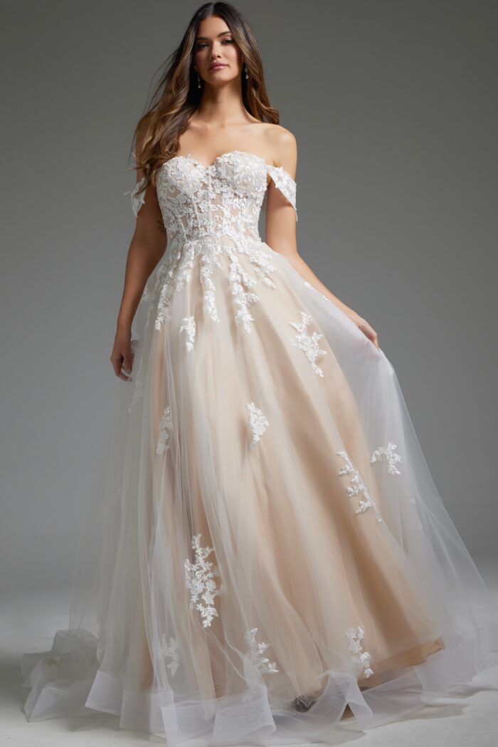 Model wearing Jovani Bridal JB24145 Off White Nude Sweetheart Neckline Wedding Ballgown