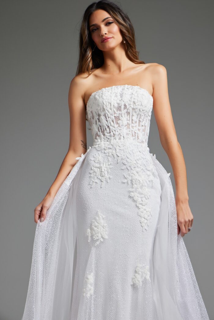 Model wearing Off White Strapless Gorset Bodice Wedding Gown JB24560
