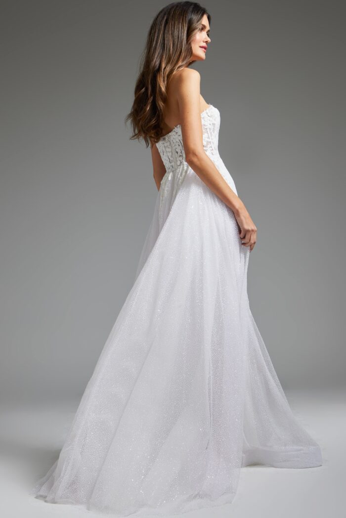 Model wearing Off White Strapless Gorset Bodice Wedding Gown JB24560
