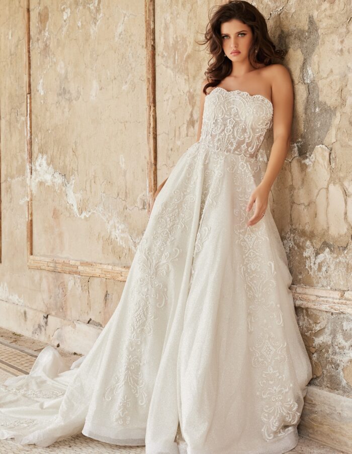 Model wearing Straight Neckline White Glitter Lace Dress JB24563