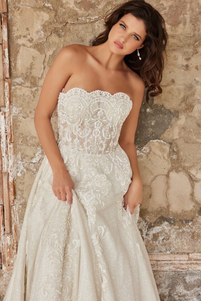 Model wearing Straight Neckline White Glitter Lace Dress JB24563
