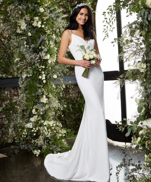 Model wearing Jovani JB2507 Ivory Spaghetti Strap Bridal Dress