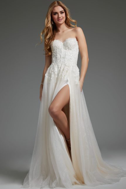 Model wearing Jovani JB25730 white gown with sweetheart neckline and high slit.