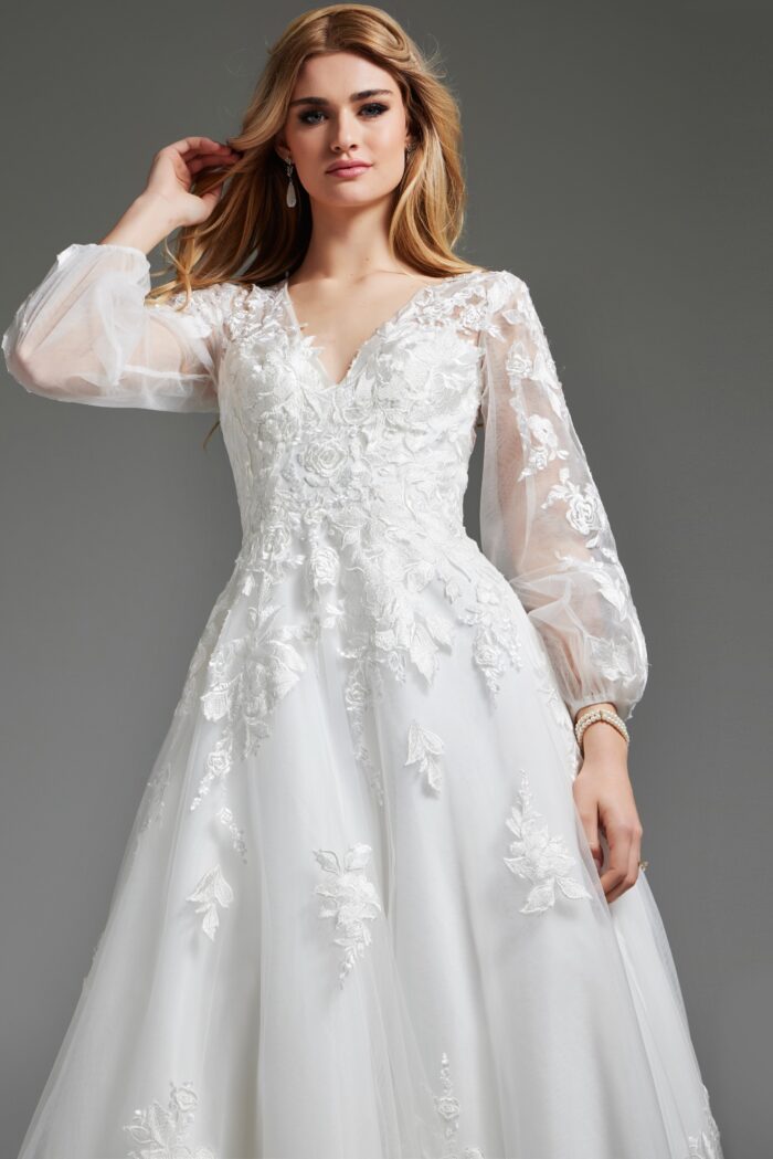 Model wearing Off White Long Sheer Sleeves Bridal Gown JB25731