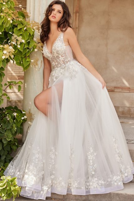 model wearing JB25737 white gown with V-neckline and floral appliques