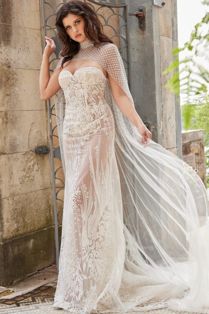 Model wearing Off White Sheath Sweetheart Neckline Dress with Cape JB23659