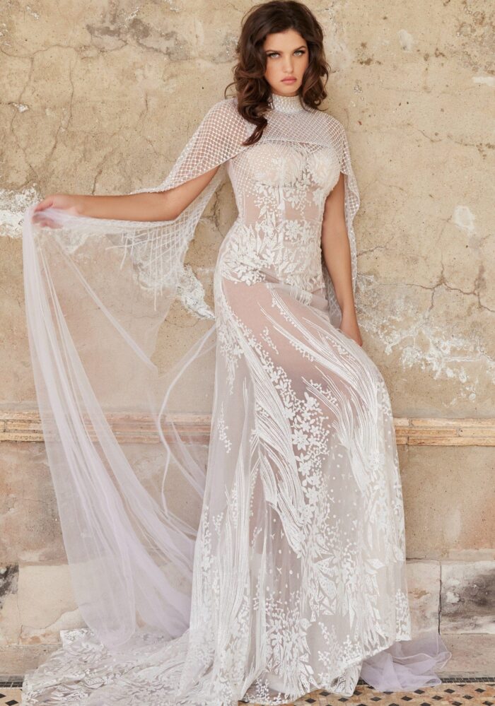 Model wearing Off White Sheath Sweetheart Neckline Dress with Cape JB23659