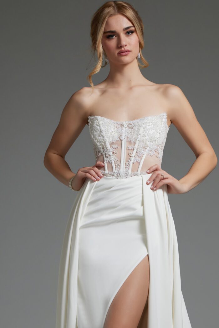 Model wearing Ivory High Slit Strapless Wedding Dress JB37128