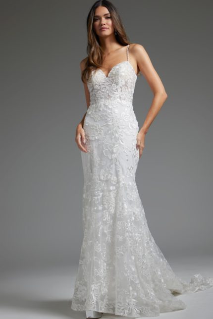 Model wearing Jovani JB37538 white gown, front view, featuring a sweetheart neckline and intricate floral appliques.