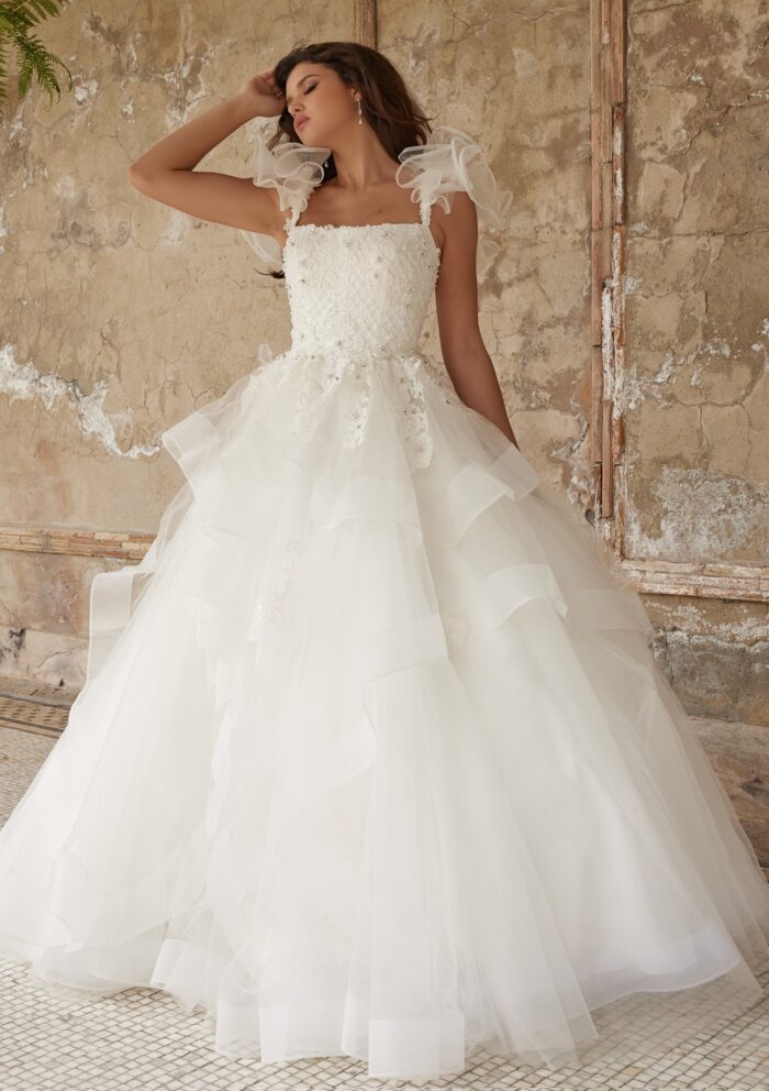 Model wearing Beaded Bodice Bridal Gown with Tiered Skirt JB37575
