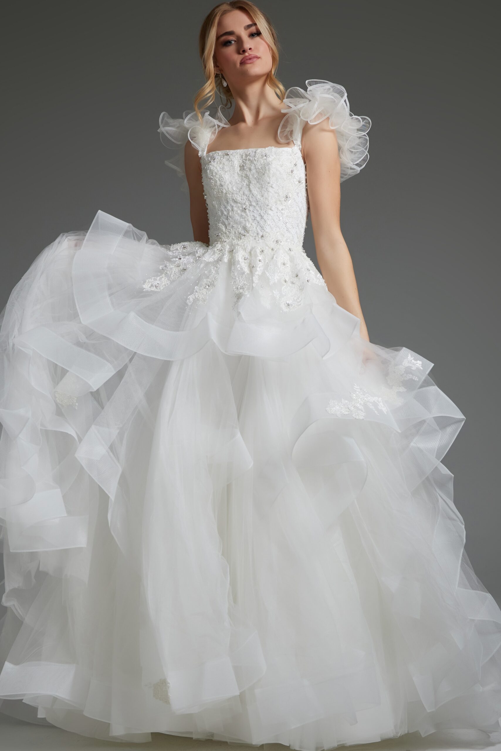 Beaded Bodice Bridal Gown with Tiered Skirt JB37575