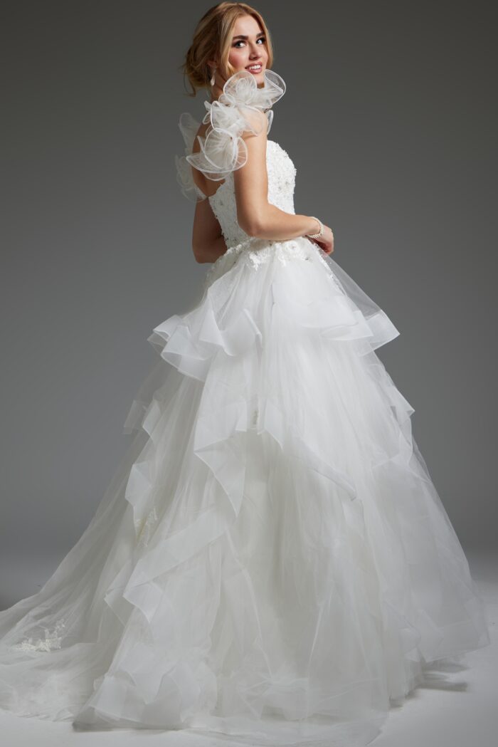 Model wearing Beaded Bodice Bridal Gown with Tiered Skirt JB37575