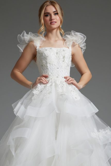 Model in JB37575 white ball gown with square neckline