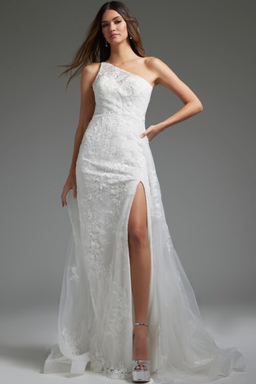 Model wearing White One Shoulder High Slit Bridal Dress JB37601