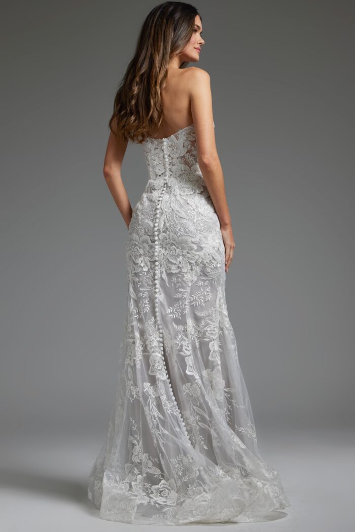 Model wearing Ivory Embroidered Strapless Bridal Dress JB38221