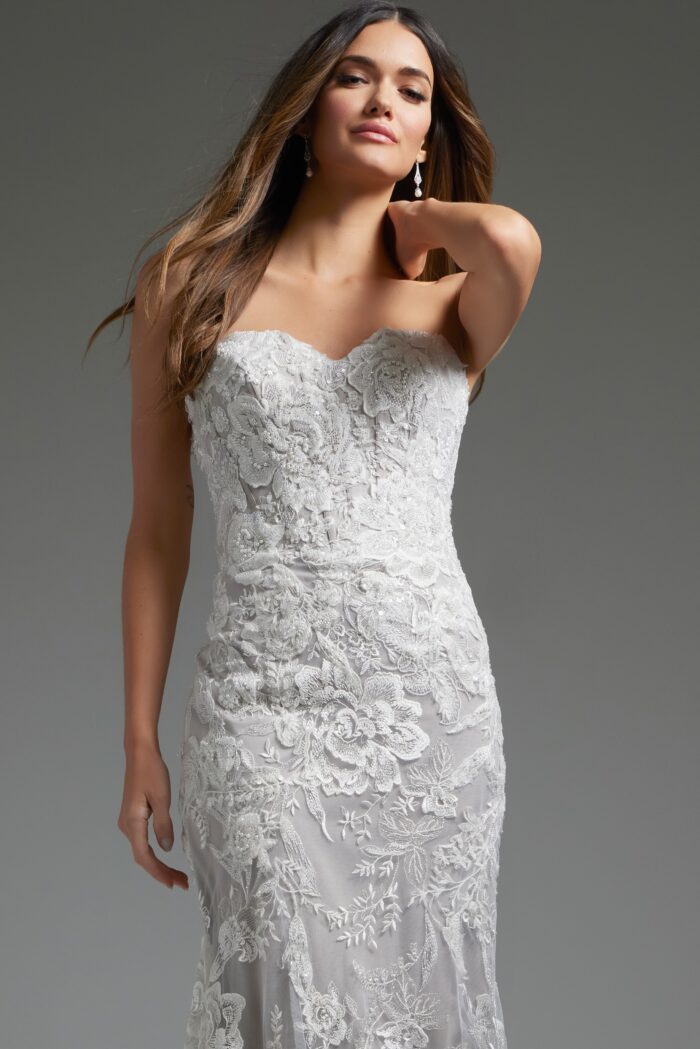 Model wearing Ivory Embroidered Strapless Bridal Dress JB38221