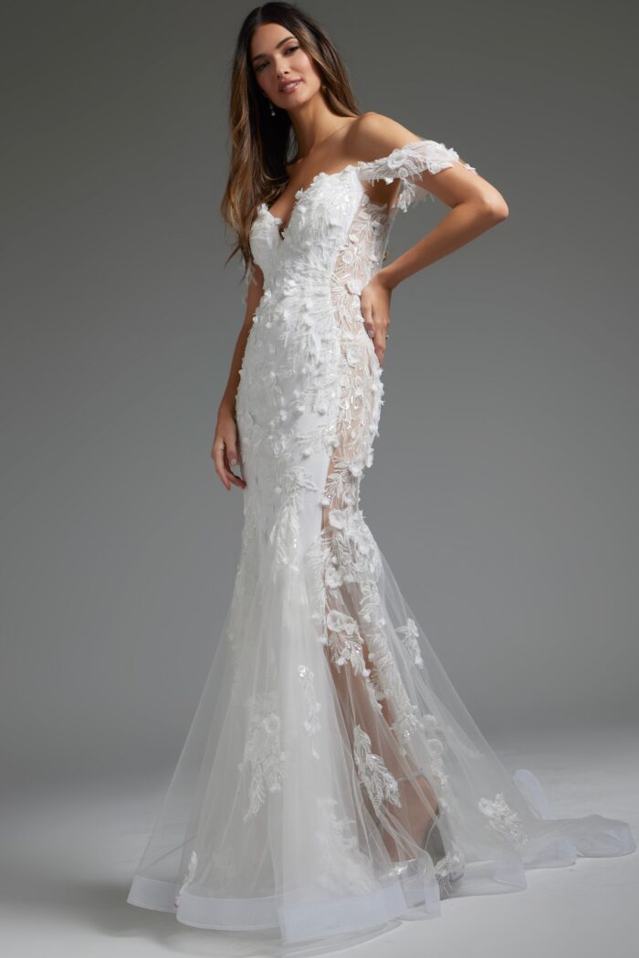 Model wearing Off White Off the Shoulder Illusion Bridal Dress JB38224