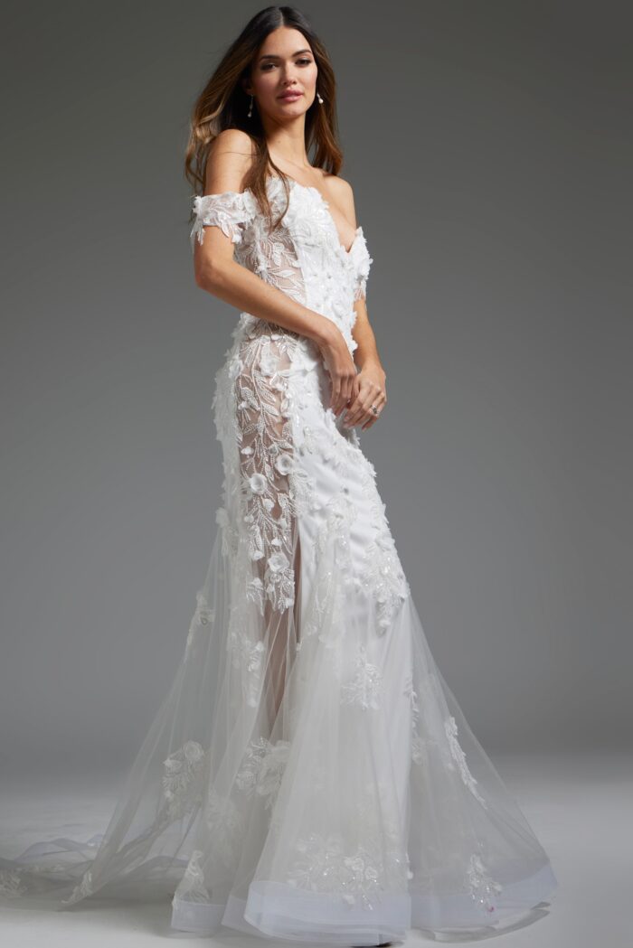 Model wearing Off White Off the Shoulder Illusion Bridal Dress JB38224