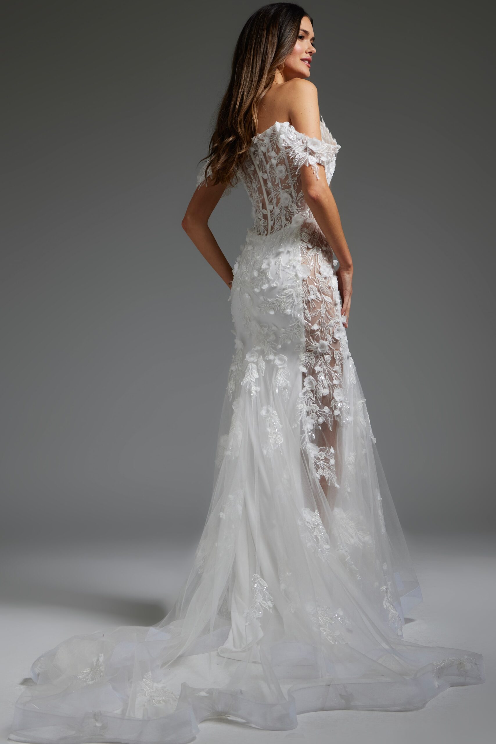 Off White Off the Shoulder Illusion Bridal Dress JB38224