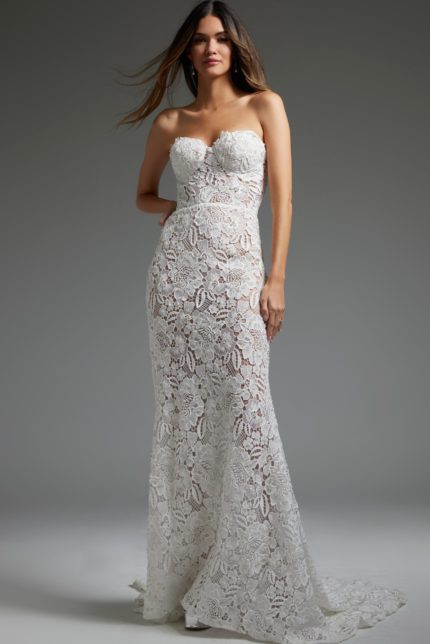 Model wearing Jovani JB38271 front view of white lace dress