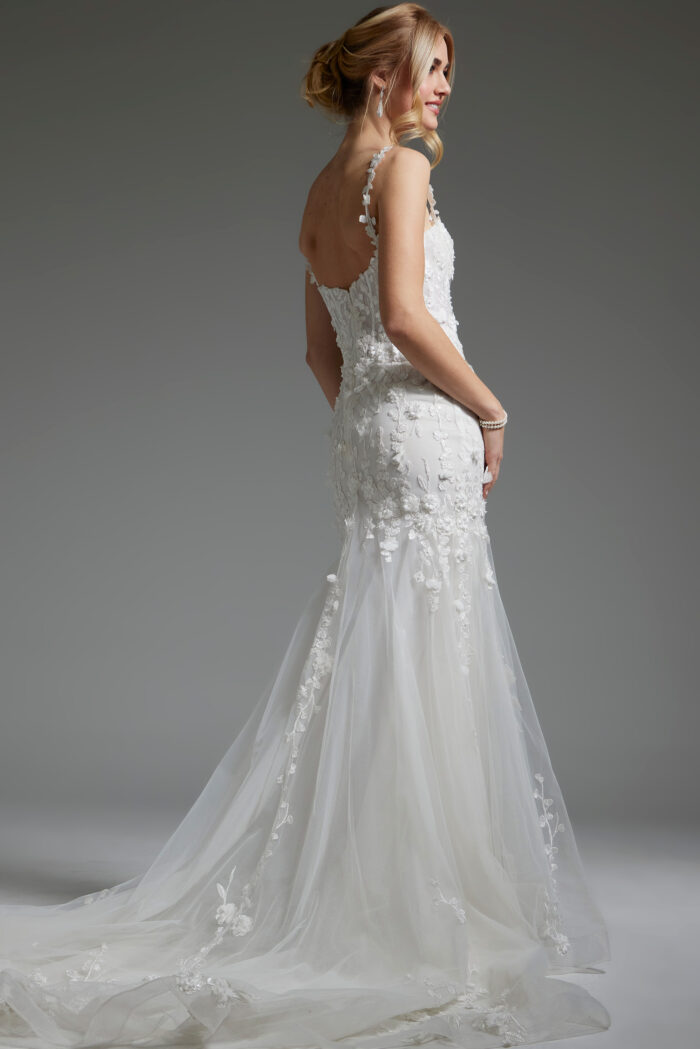 Model wearing Off White Fit and Flare Floral Bridal Gown JB38479