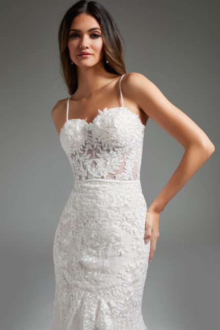 Model wearing Jovani JB38490, close-up front view, showcasing floral lace detail.