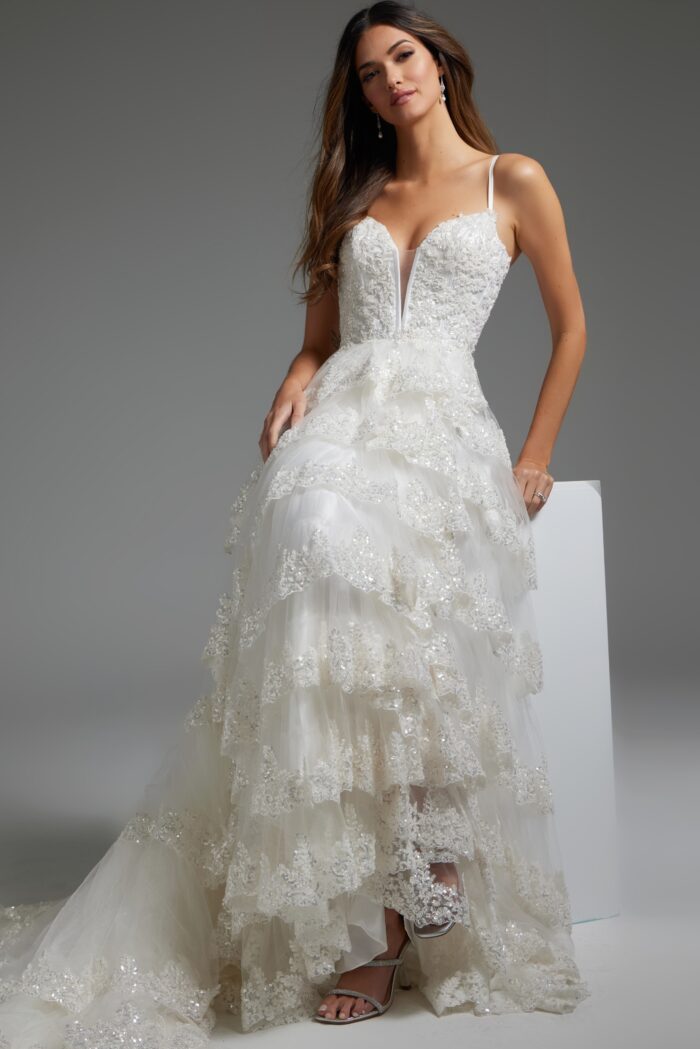 Model wearing V Neckline Beaded Wedding Gown with Layered Skirt JB38641
