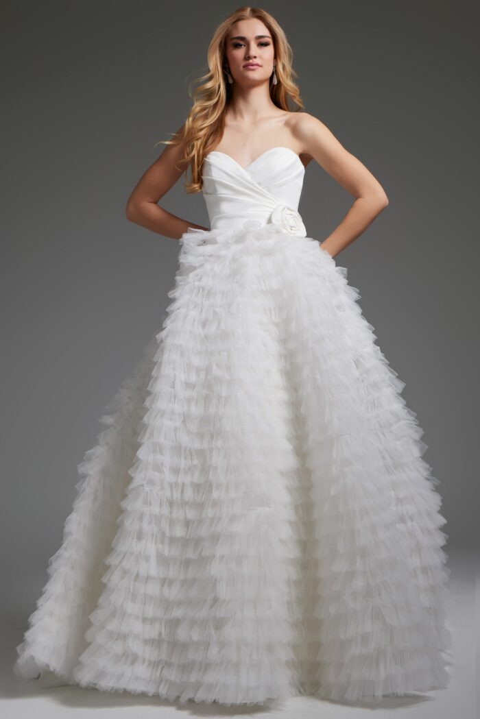 Model wearing Strapless Pleated Bodice A line Wedding Gown JB38958