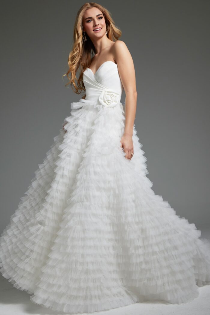 Model wearing Strapless Pleated Bodice A line Wedding Gown JB38958